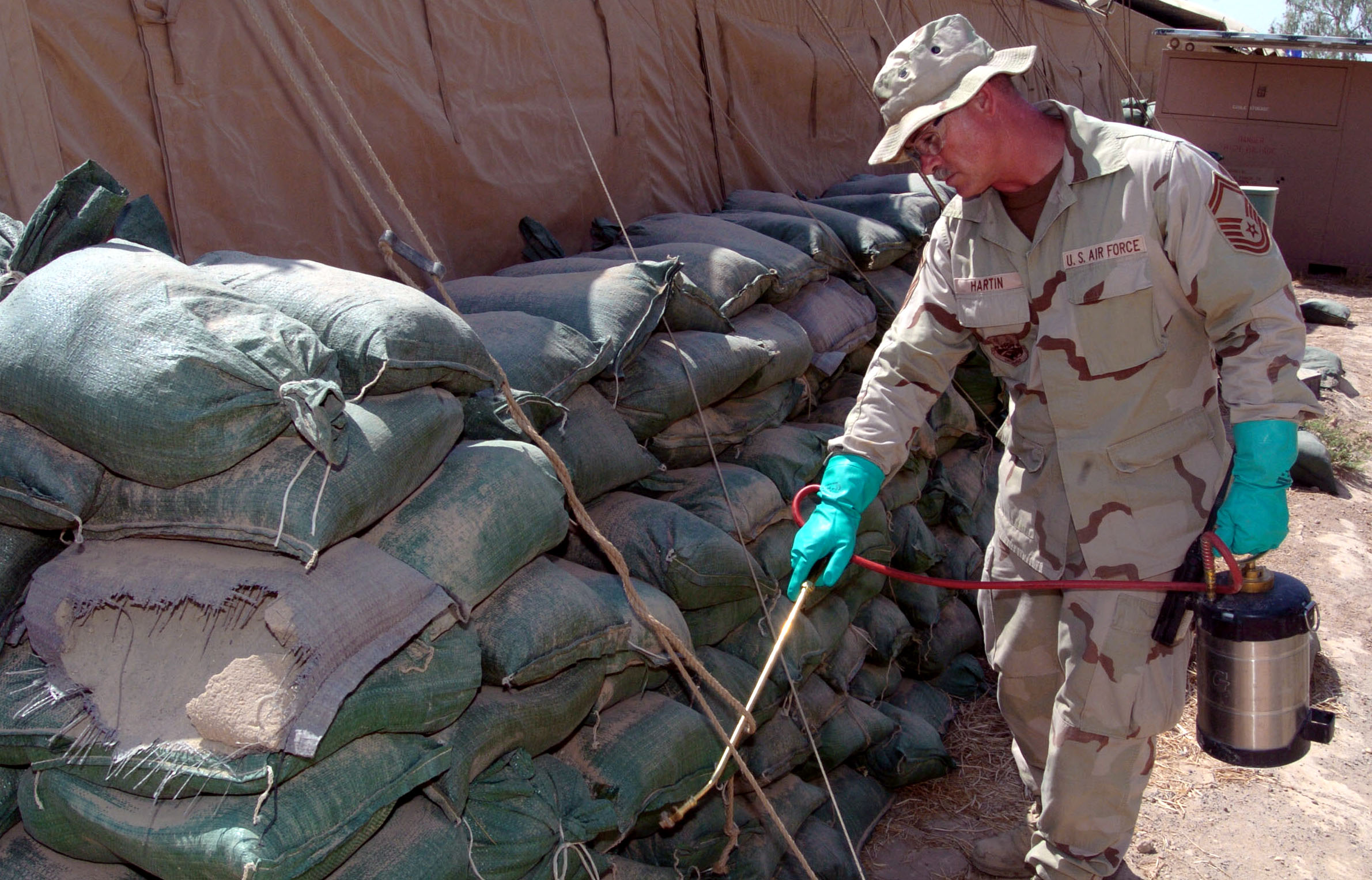 BALAD AIR BASE, Iraq -- Senior Master Sgt. Burhl Hartin sprays insecticide at the base of a tent here Aug. 3.  Sergeant Hartin is a pest management specialist with the 332nd Expeditionary Civil Engineer Squadron.  He is deployed from the 125th Fighter Wing in Jacksonville, Fla.  (U.S. Air Force photo by Staff Sgt. Cohen Young)